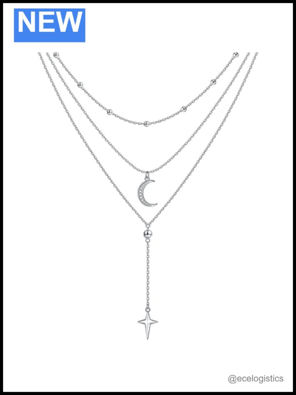 S925 Sterling Silver Layered Choker Necklace Moon Star Adjustable